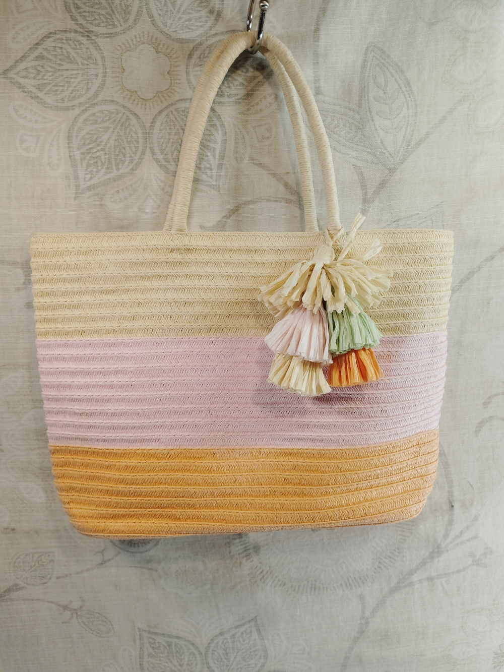 H&M Striped Straw Tote in Cream, Pink & Orange
